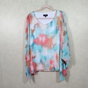 *E139 Slim Factor aqua & peach lined butterfly sleeve blouse 3X CLEARANCE